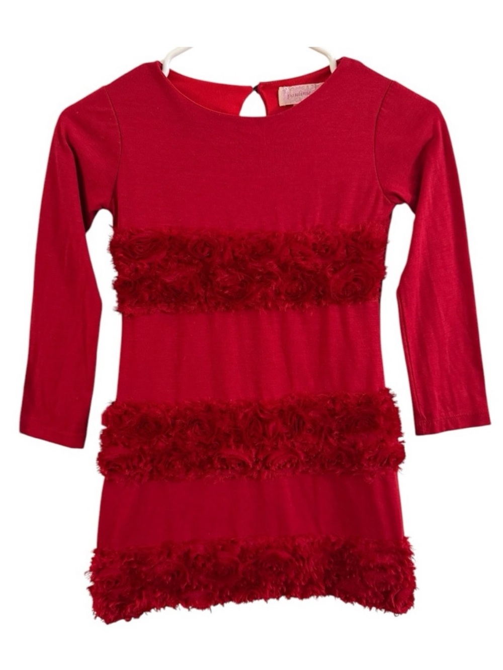 Paulinie Collection Red Girls' Long-Sleeve Dress with Rosette Trim - Size 7/8!!